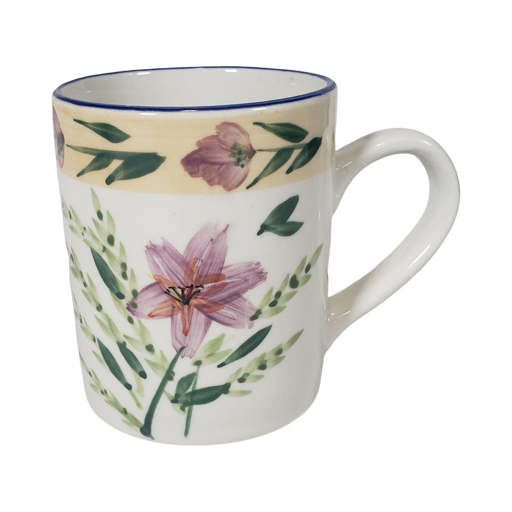 Royal Norfolk Floral Coffee Mug Pink Lily Green Leaves Blue Rim Stoneware 4in